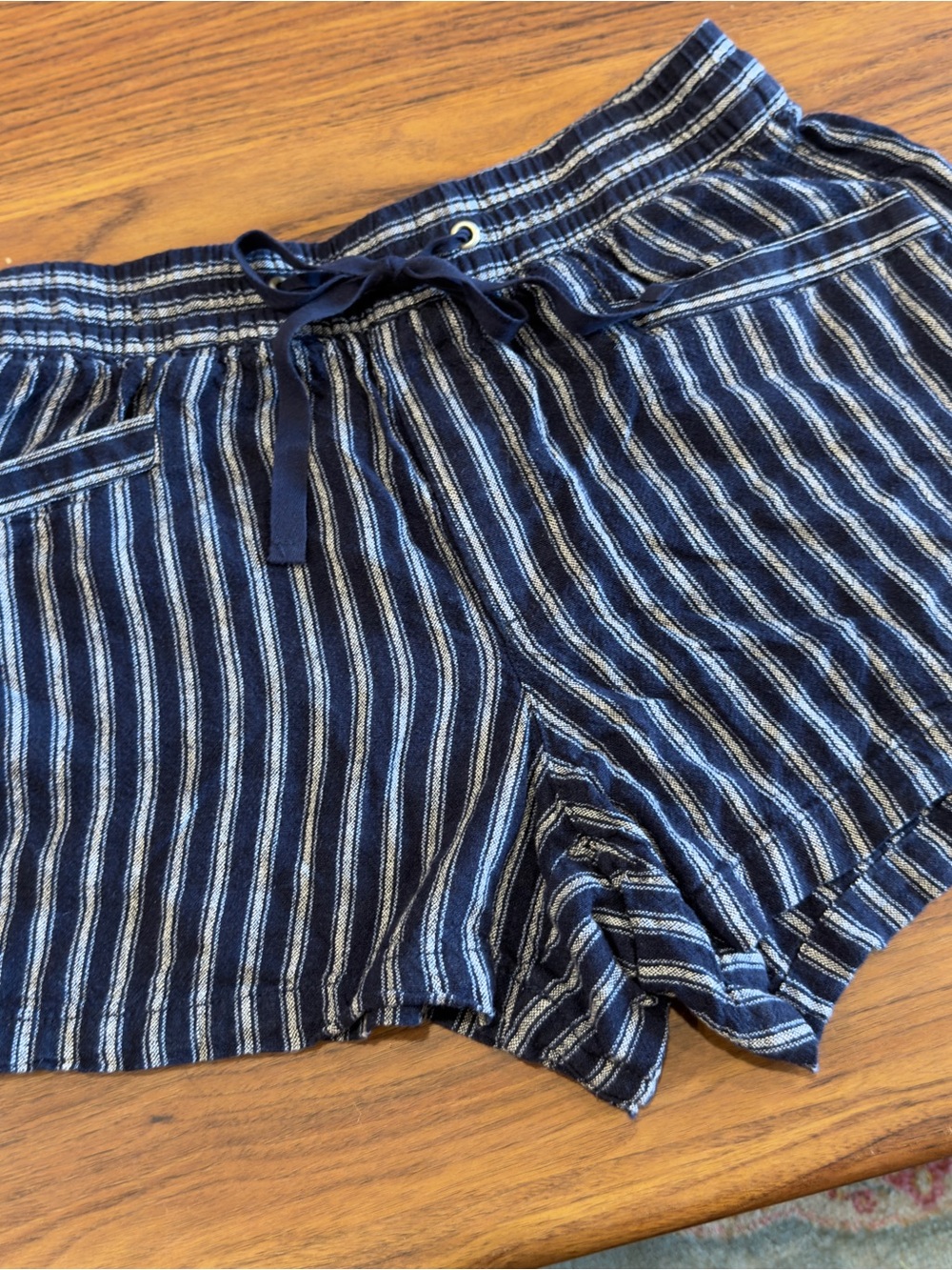 Striped Navy Linen Blend Drawstring Women’s Shorts